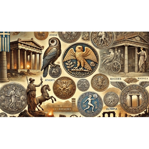 Изображения на монетах Афин, Коринфа, Родоса, Олимпии