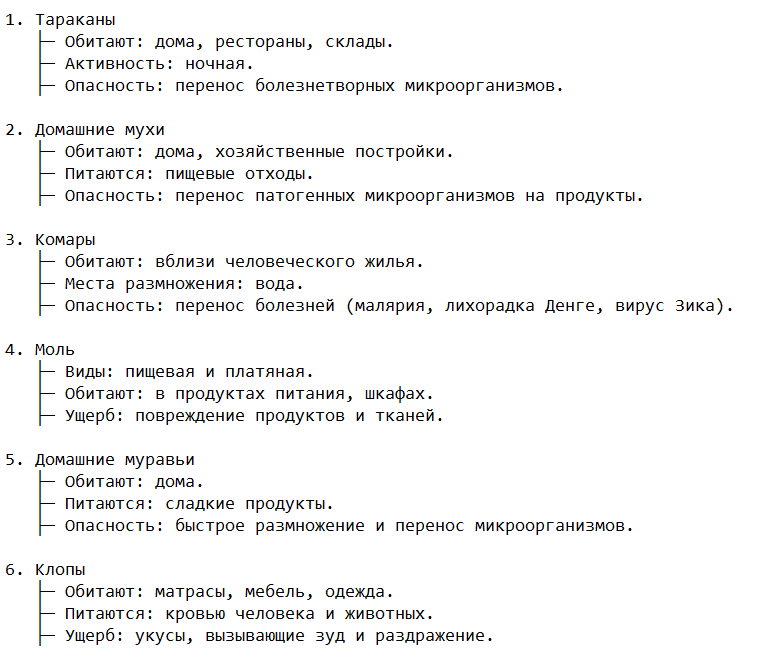 Основные виды синантропных насекомых